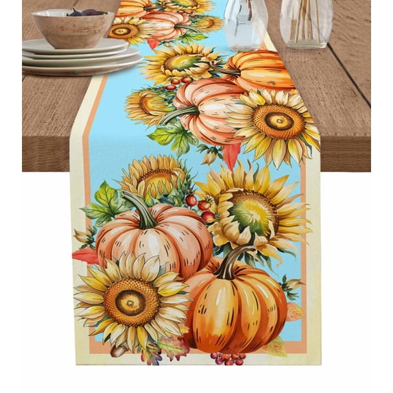 Orange Yellow Pumpkins Fall Burlap Cotton Table Runner 13x48 Inches Long, Thanksgiving Farmhouse Botanical Retro Farmhouse Table Runners, Outdoor Dining Tablecloths Decor for Baby Shower/Party