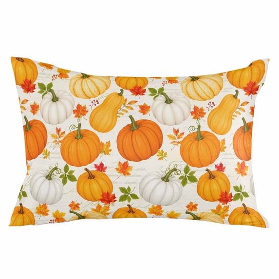 Orange Yellow Pumpkins Fall Throw Pillow 12x20 Inch, Thanksgiving Maple Leaf Khaki Waterproof Outdoor Pillow Covers with Insert, Decorative Pillowcase Cushion for Couch, Sofa, Bed, Patio, Garden