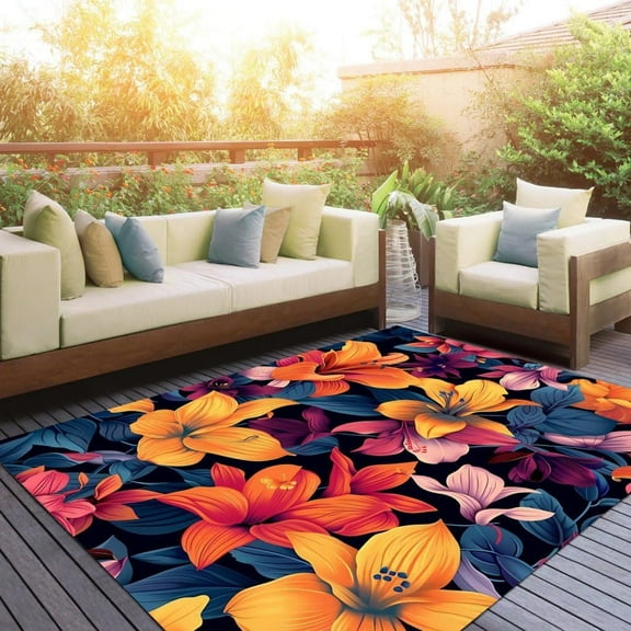 Orange Yellow Purple Floral Print Pattern Waterproof Area Rug For Porch Patio Deck Country Rustic Vibrant Flower Deco Home Rugs In Balcony Backyard Camping Washable Non Skid Carpet 3x4ft