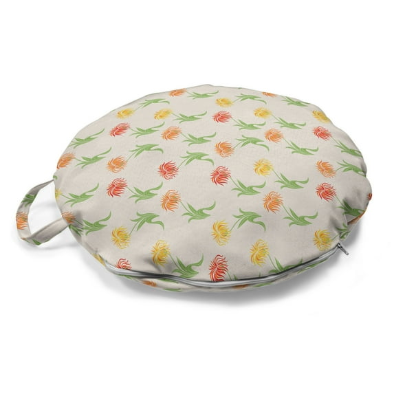 Orange and Yellow Round Floor Cushion with Handle, Repeating Pattern of Wild Floral Aster Spring Revival, Decorative Pillow for Living Room & Dorms, 18" Round, Pale Eggshell Multicolor, by Ambesonne