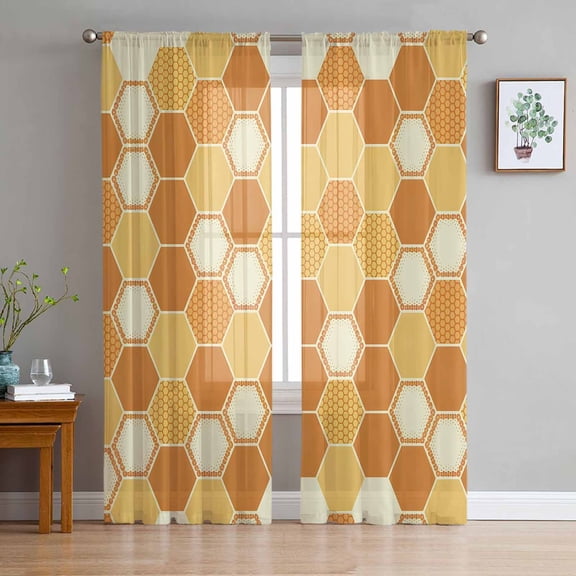 Orange Yellow Sheer Curtains 72 Inches Long 2 Panels Set, Window Sheer Curtains for Living Room/Bedroom, Farmhouse Abstract Geometric Hexagon Art Light Filtering Rod Pocket Curtain 52'' x 72'' x 2
