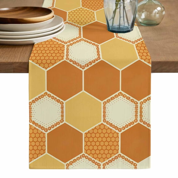 Orange Yellow Table Runner, Farmhouse Abstract Geometric Hexagon Art Washable Cotton Linen Table Runners 48 Inches Long, Dresser Scarf Runner for Nightstand/Coffee/End Tables 13''x48''