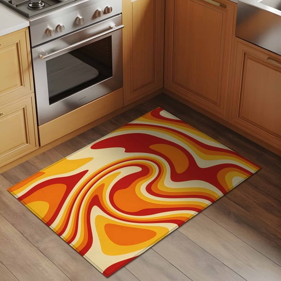 Orange Yellow Waves 2x3 Rug for Entryway Front Door Kitchen Sink Area, Abstract Fantasy Pattern Modern Low Pile Washable Non Slip Rectangle Area Rug