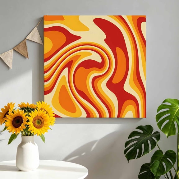 Orange Yellow Waves Canvas Wall Art, Abstract Fantasy Pattern Modern Framed Canvas Wall Decor Picture Print Artwork Decorations for Living Room Office Ready to Hang 8" x 8"