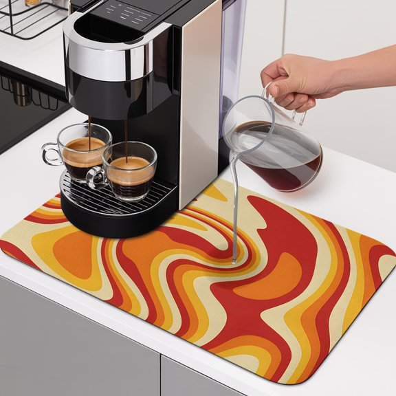 Orange Yellow Waves Dish Drying Mats for Kitchen Counter, Abstract Fantasy Pattern Modern Absorbent Coffee Bar Mat with Non-slip Rubber Backed Quick Drying Dish Rack Pad 16"x18"