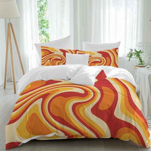 Orange Yellow Waves Queen Size Comforter Set, Abstract Fantasy Pattern Modern Bedding for All Seasons, 4 Pcs Bed Set, 1Quiltcover (90"x92") ,1Sheet(94"x116"), 2Pillowcases (30"x20")