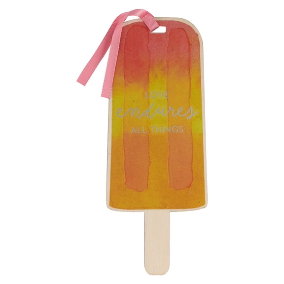 Orange/Yellow Wooden Popsicle Bookmark: Love Endures All Things w/Satin Ribbon