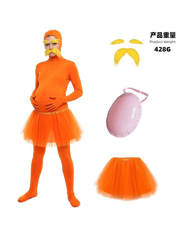 Orange Zentai Bodysuit Halloween Costume, Funny Cosplay Skin Suit with Inflatable Belly Tutu Yellow Mustache & Eyebrows