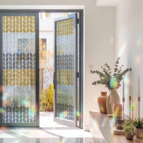 Orange Zigzag Chevron Grey Stripe Window Privacy Film, Rainbow Film Decorative Window Sticker 23.6x78.7in, Modern Abstract Geometric Art Sun Blocking Static Stained Glass Cling Tint Non-Adhesive