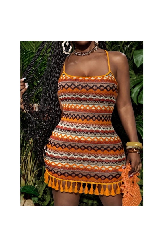 Orange Zigzag Knit Mini Dress With Tassel Hem And Spaghetti Straps For Summer Beach Wear