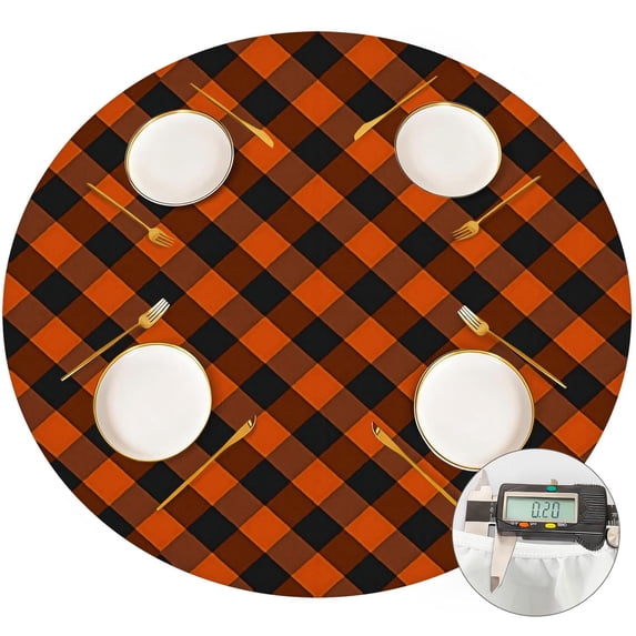 Orange and Black Checkered Pattern Round Fitted Tablecloth with Elastic Edge, Waterproof Dining Table Cover for Indoor Outdoor Camping and Daily Use