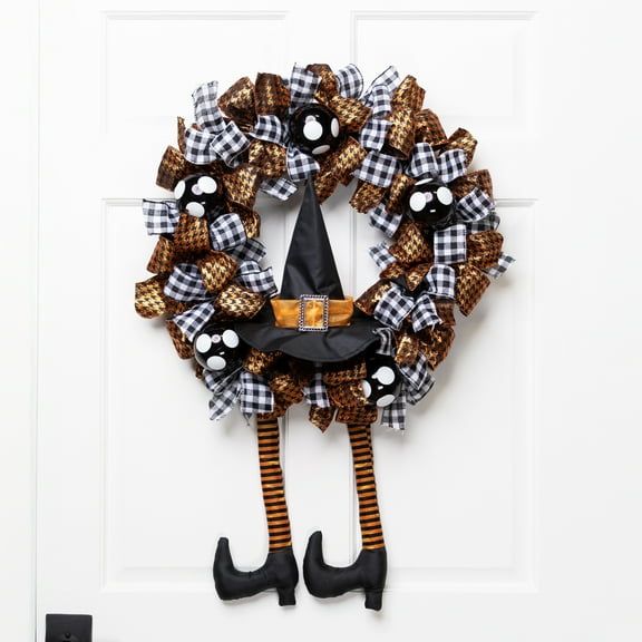 Northlight Witch with Bows and Ornaments Halloween Wreath - 24" - Orange and Black - Unlit