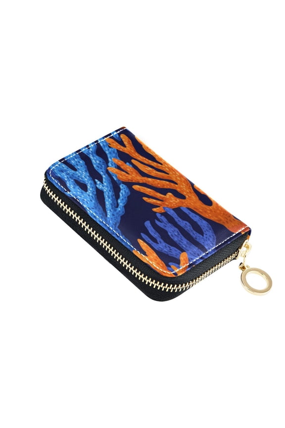 Orange and Blue Corals Women's Credit Card Holder PU Leather Zipper Wallet RFID Blocking
