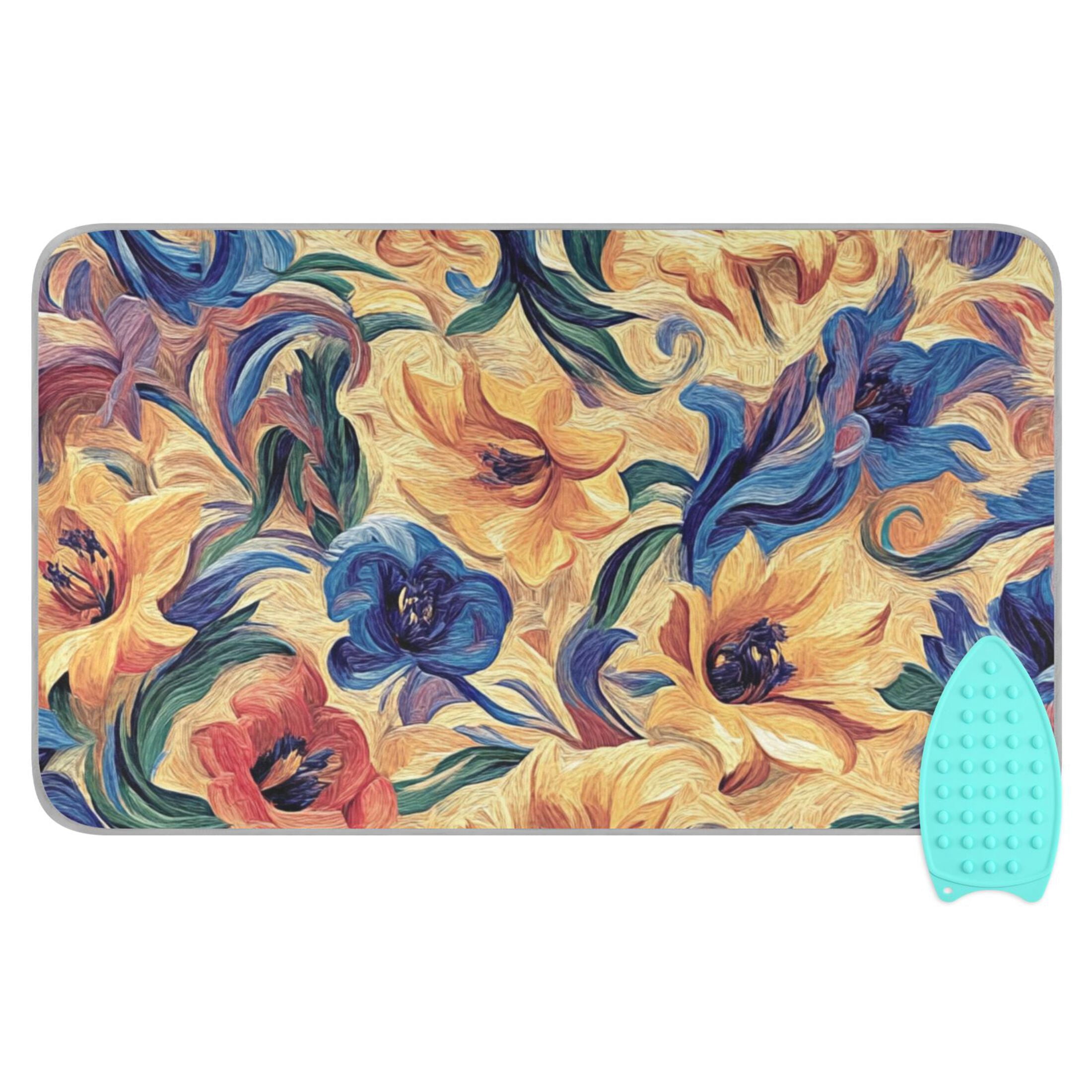 Orange and Blue Flowers Ironing Mat Blanket for Table Top Travel Portable Ironing Board Pad 47.2x27.6 Inch