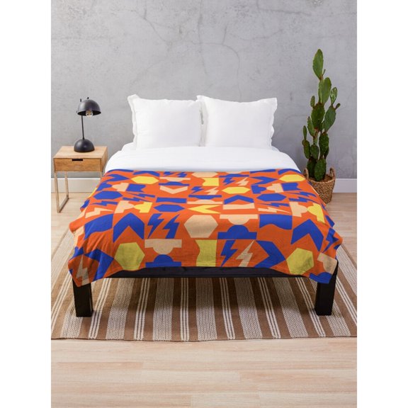 Orange and Blue Southwestern Geometric Fleece Blanket, Polyester Fleece, 280 GSM, Lightning Bolt Pattern