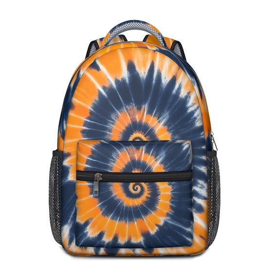 Orange and Blue Tie Dye Pattern Backpack for School, Cute School Bag with Adjustable Shoulder Straps and Padded Back, 15.3"x11"x6.7"