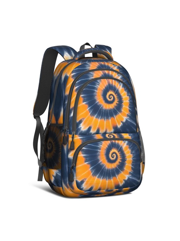 Orange and Blue Tie Dye Pattern Backpack for School, Cute School Bag with Adjustable Shoulder Straps and Padded Back, 16.9"x12.6"x5.9"
