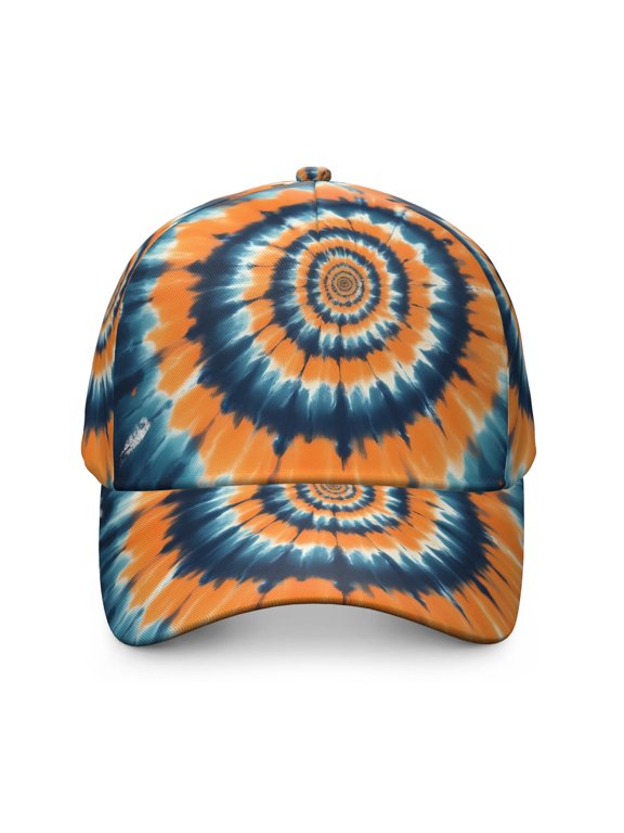 Orange and Blue Tie Dye Pattern Baseball Cap, Structured Flat Bill Hat with Snap Closure & Sweatband, Rigid Flat Brim Gifts for Sports Outdoor Travel