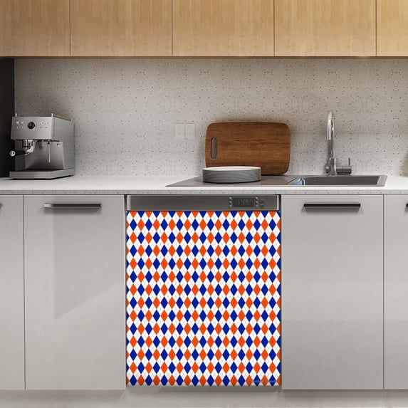 Orange and Blue Traditional Argyle All Over Print Dishwasher Magnet Cover Decorative Sticker for Home Cabinet Kitchen 23" x26"