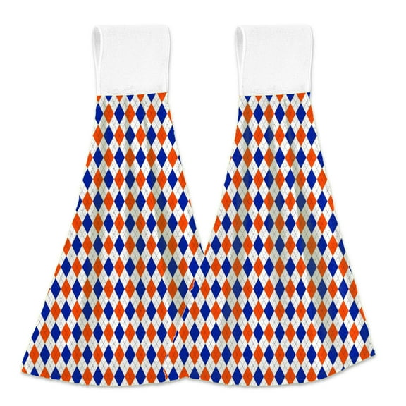 Orange and Blue Traditional Argyle All Over Print Hanging Kitchen Hand Towels Sets with Loop Hand Towels Kitchen Tie Towel 2pcs