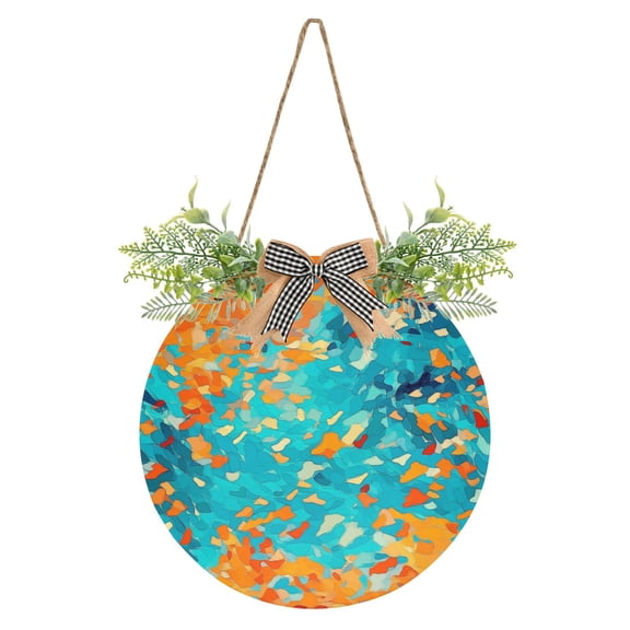 Orange and Blue Vibrant Vector Illustration Front Door Porch Decoration Hanging Sign with Artificial Green Plants and Bow for Home Outdoor Indoor