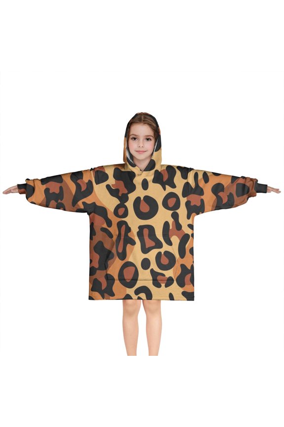 Orange and Brown Leopard Pattern Blanket Hoodies for Kids 6-13YR Oversize Wearable Blanket Hoodies for Boys Girls Teens