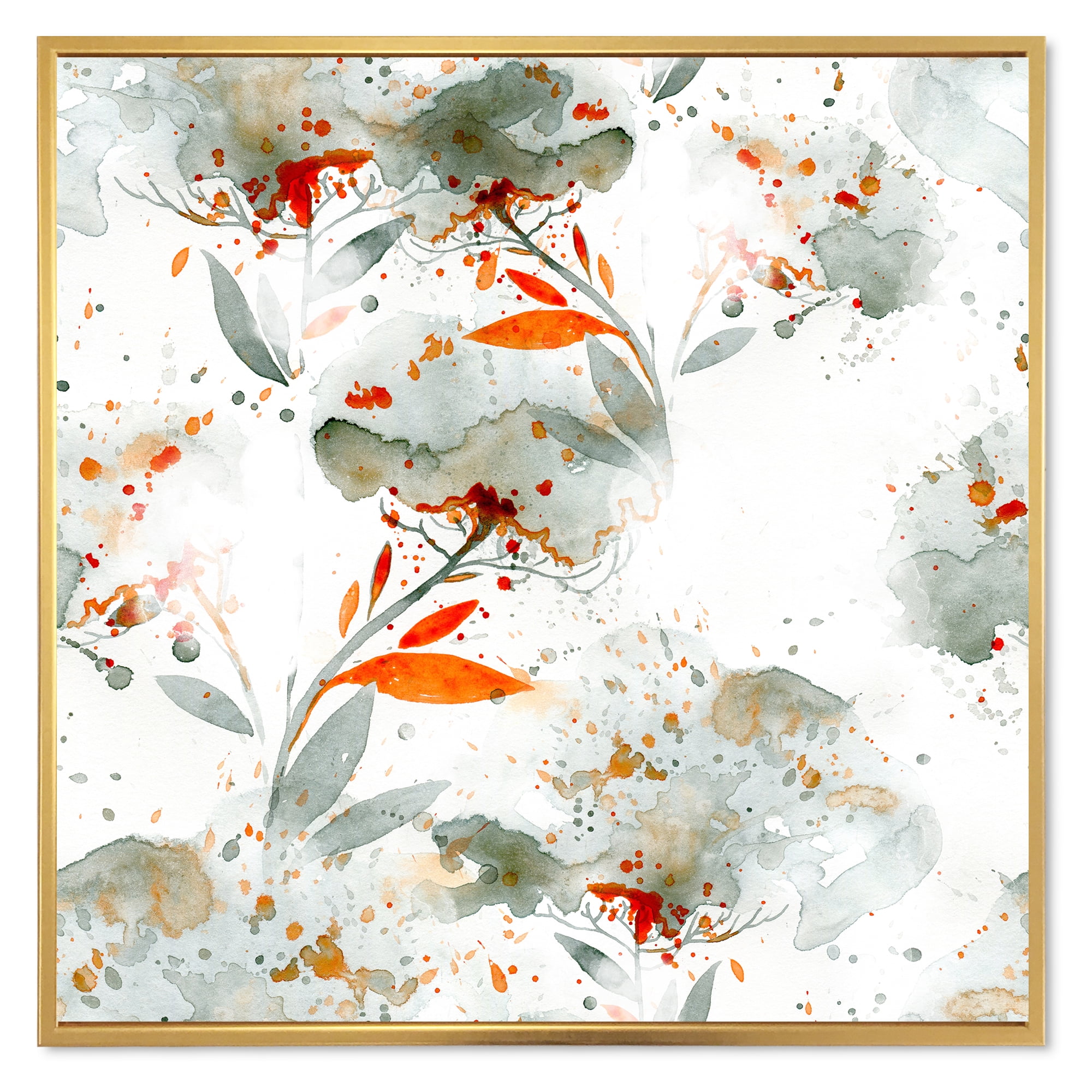 Orange and Green Wildflowers I 16 in x 16 in Framed Painting Canvas Art Print, by Designart