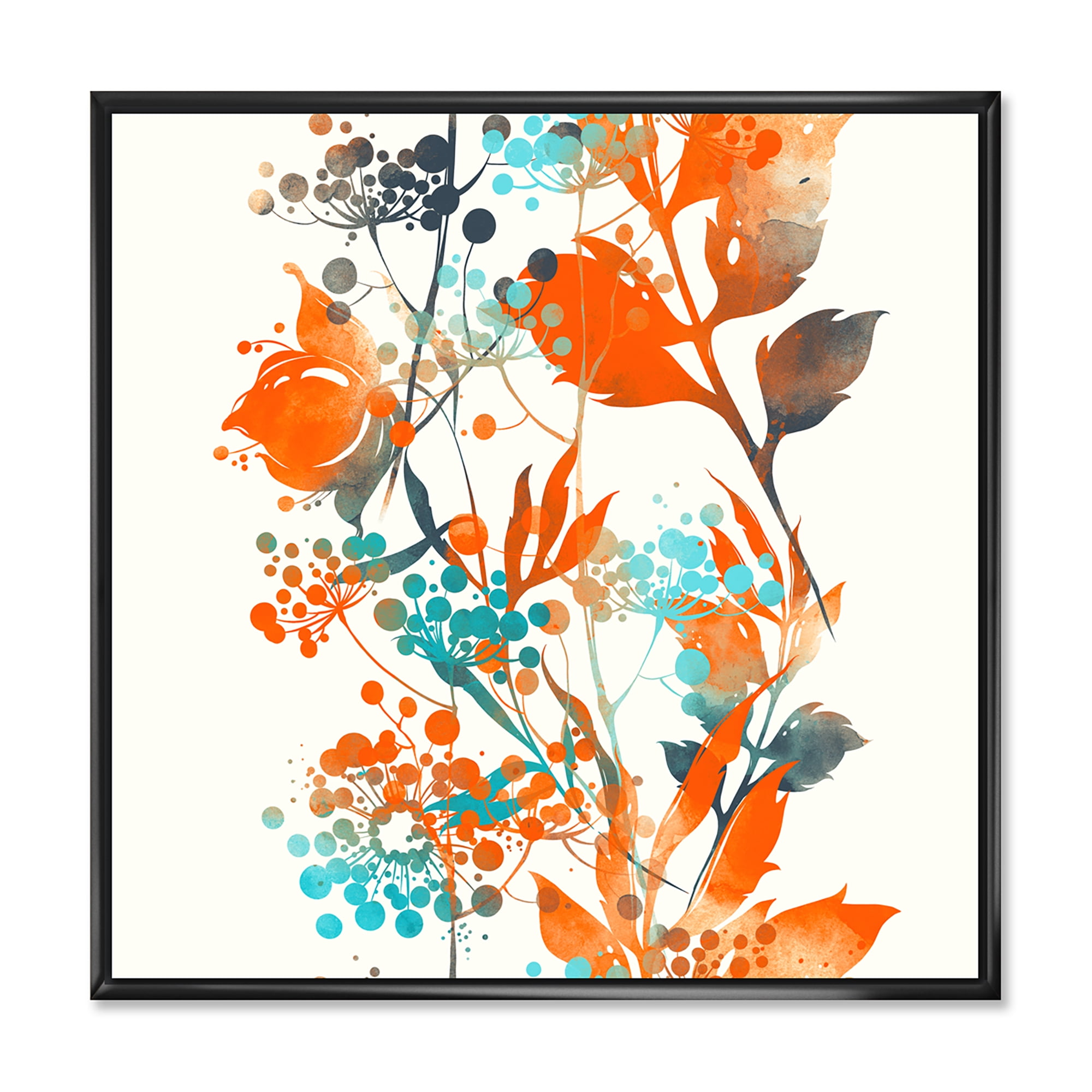 Orange and Green Wildflowers III 36" x 36" Framed Painting Canvas Art Print, by Designart