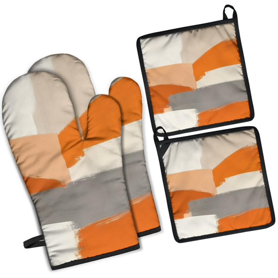 Orange and Grey Abstract Art Artwork Kitchen Oven Mitt and Pot Holder Sets 4 Pcs for Baking, Cooking and Grilling, Heat Resistant Up To 392 °F