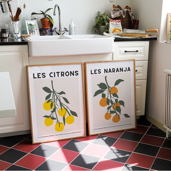 Orange and Lemon Wall Art Abstract Colorful Art Graphic Kitchen Art Set 2 Unframed Paper Print 8x12