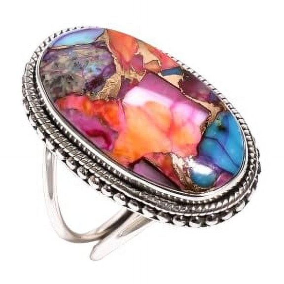 Orange and Pink Oyster Turquoise Stone 925 Sterling Silver Statement Ring Gift for Her