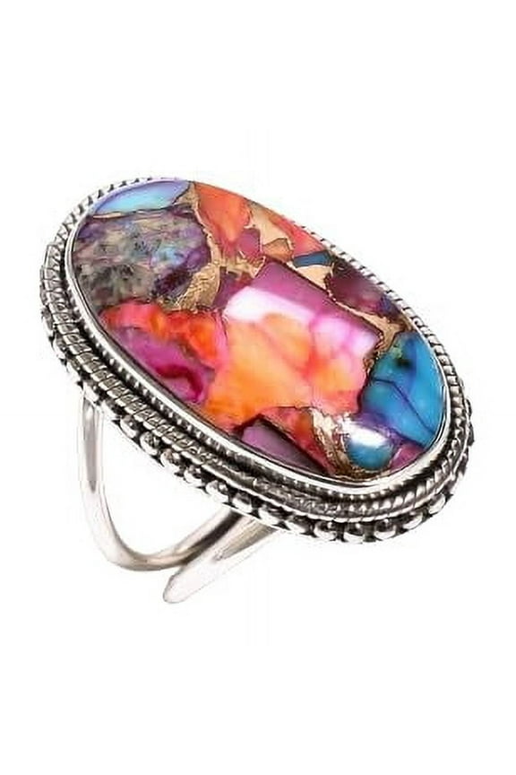 Orange and Pink Oyster Turquoise Stone 925 Sterling Silver Statement Ring Gift for Her