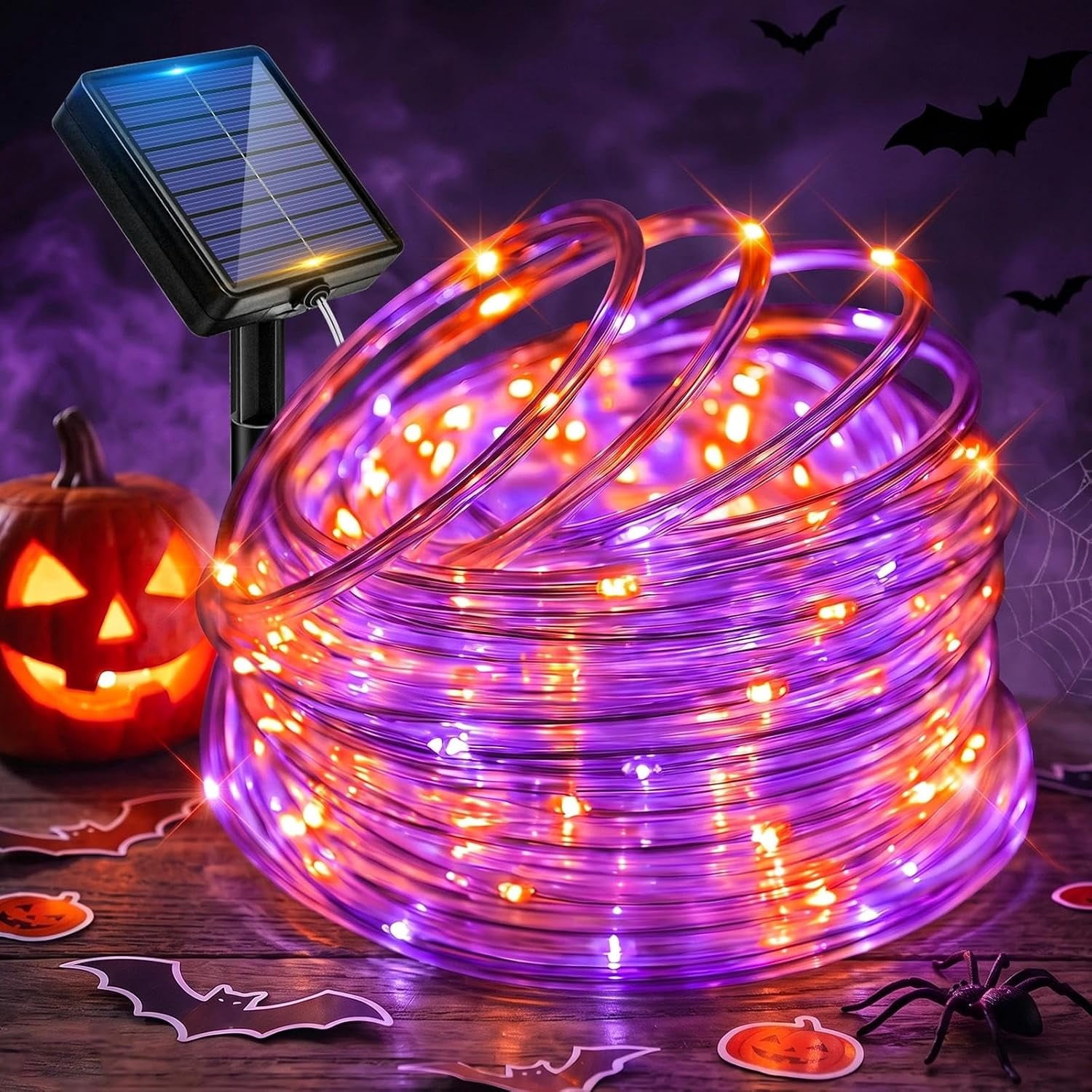 Orange and Purple Halloween Lights, 39FT 100 LED Solar Rope Lights ...