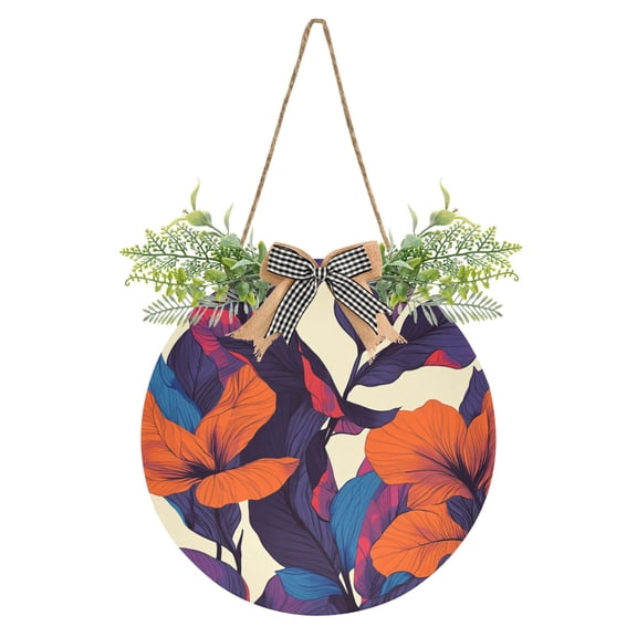 Orange and Purple Tropical Flowers Front Door Porch Decoration Hanging Sign with Artificial Green Plants and Bow for Home Outdoor Indoor