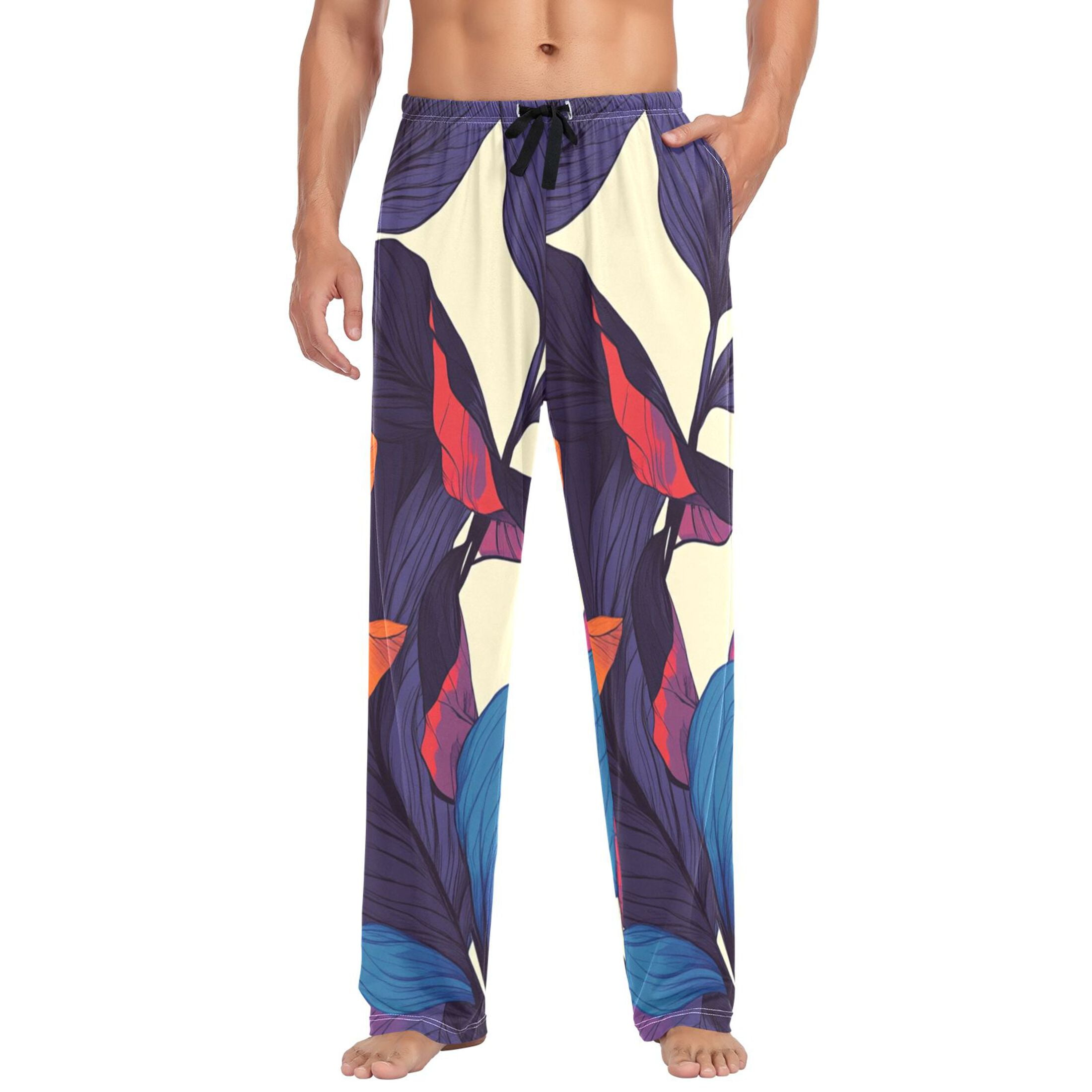 Orange and Purple Tropical Flowers Mens Cotton Pajama Pant Sleep and ...