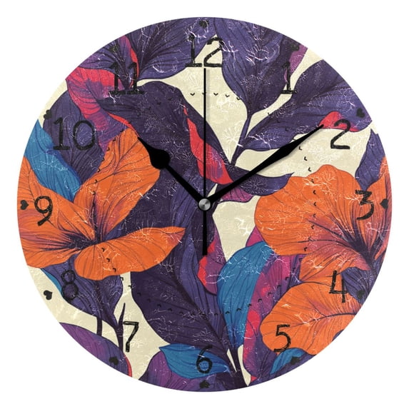 Orange and Purple Tropical Flowers Round Wall Clock Silent Battery Operated Home Decor for Living Room Bedroom