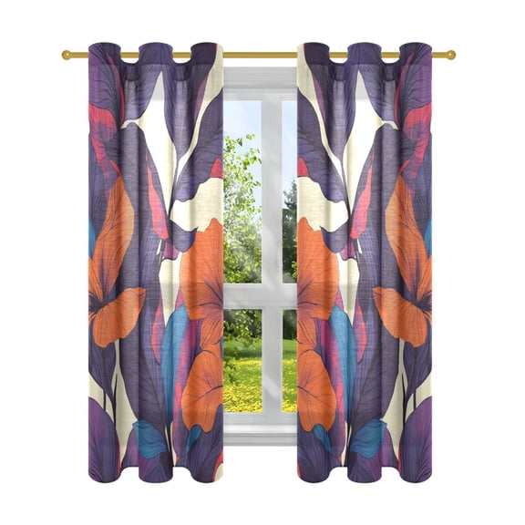 Orange and Purple Tropical Flowers Semi Sheer Curtains for Living Room Bedroom Set of 2 Insulated Window Drapes