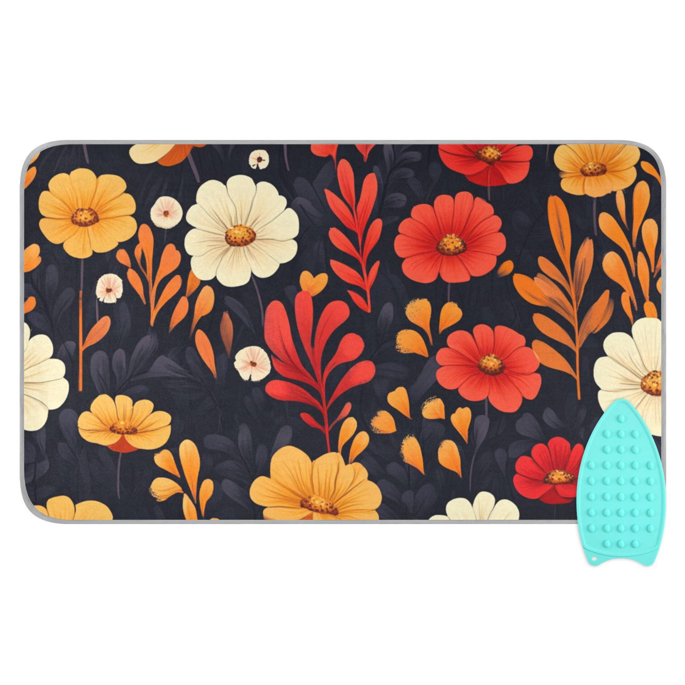 Orange and Red Flowers Ironing Mat Blanket for Table Top Travel Portable Ironing Board Pad 47.2x27.6 Inch
