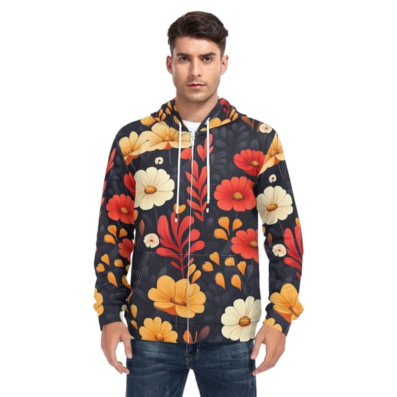 Orange and Red Flowers Men’s Hoodies Sweatshirt with Full Zip Pockets Fleece Jackets