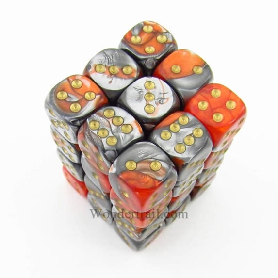 Orange and Steel Gemini Dice with Gold Pips D6 12mm (1/2in) Pack of 36 Chessex