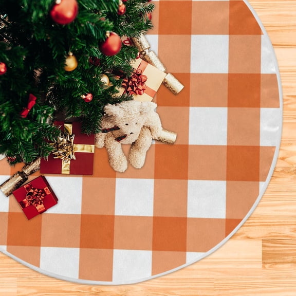 Orange and White Checkerboard Pattern Plaids Christmas Tree Skirt Opening Design Floor Mat Holiday Decor 35 inch