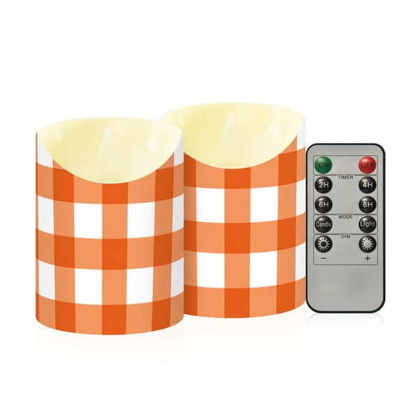 Orange and White Checkerboard Pattern Plaids Flickering Flameless Candles with Remote Timer Battery Operated LED Tealight Set of 2 M