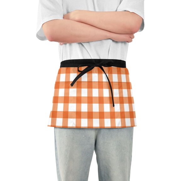 Orange and White Checkerboard Pattern Plaids Short Server Apron with 3 Pockets for Unisex Chef Gardening