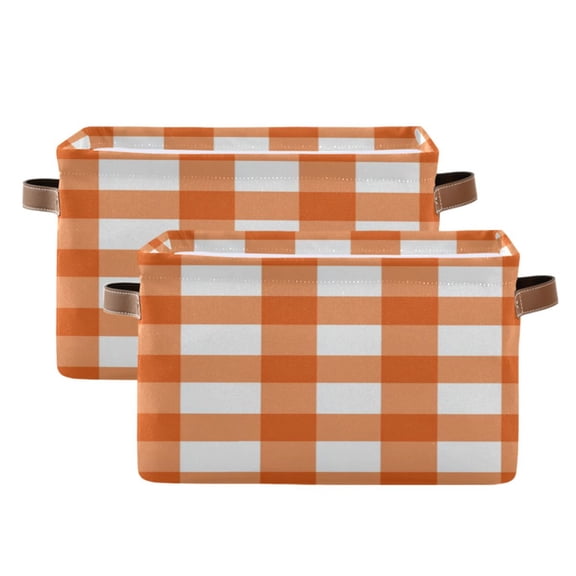 Orange and White Checkerboard Pattern Plaids Square Storage Bins with Handles Collapsible Containing Box 2 Packs