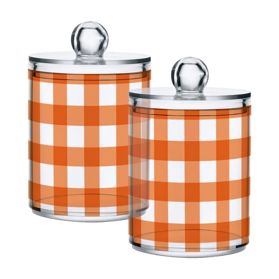 Orange and White Checkerboard Pattern Plaids Translucent Plastic Cans Storage Canisters with Lid Set of 2