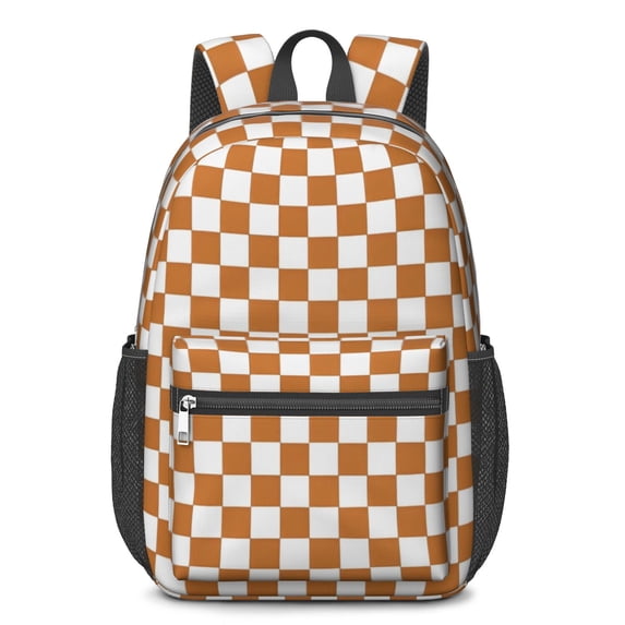 Orange and White Checkered Pattern 17" School Backpacks for Teens,Waterproof Oxford Fabric,S-Shape Padded Straps for School,Travel,Hiking,Camping