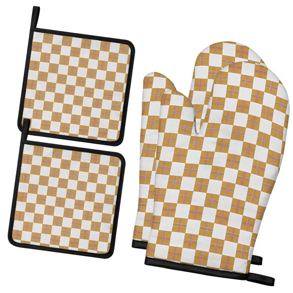 Orange and White Checkered Pattern Oven Mitts and Pot Holder Sets 2 Pcs for Kitchen Baking, Cooking and Grilling, Heat Resistant Up To 392 °F