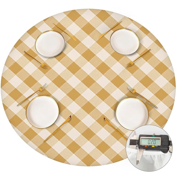Orange and White Checkered Pattern Round Fitted Tablecloth with Elastic Edge, Waterproof Dining Table Cover for Indoor Outdoor Camping and Daily Use