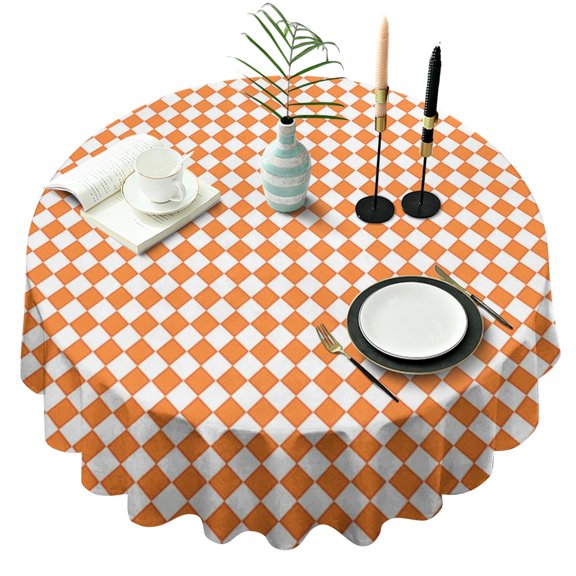 Orange and White Diamond Pattern Round Tablecloth 60"x60",Wrinkle Wipeable Table Cloth for Kitchen Dining Room Picnic Patio Party