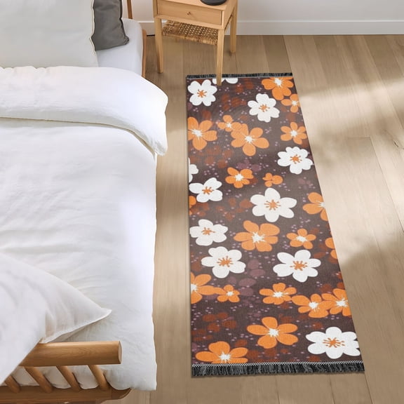 Orange and White Flowers Bedroom Runner Rug 2'x 6' Non Slip Carpet Indoor Home Area Rug Living Room